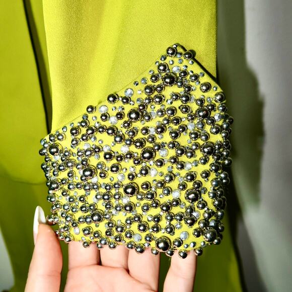 Stunning Lime Green Beaded Rhinestone Wide Pantsuit Size 40 M/L Grinch Christmas - Picture 5 of 11